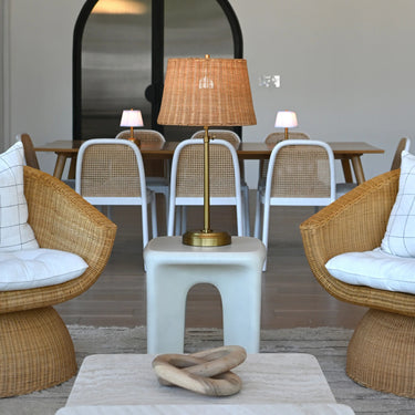 Alexis Cordless Table Lamp showing rattan shade and modern lantern design