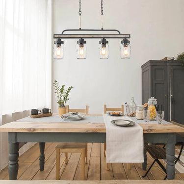 black metal and glass chandelier with aged gray wood accents for home interiors
