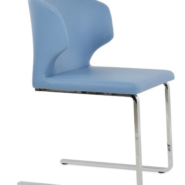 Amed Flat dining chair with chrome sled base and upholstered seat in blue leatherette
