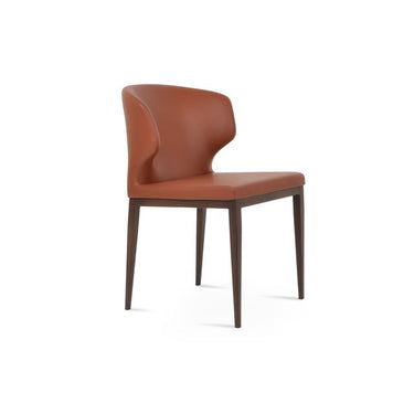 Amed MW side view upholstered dining chair with walnut veneer frame support