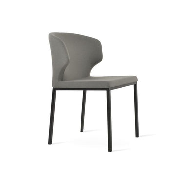 Modern upholstered dining chair with black powder coated steel base
