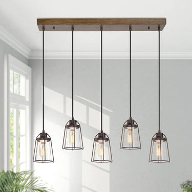 Rustic wood and metal 5-light linear island light fixture for kitchen or dining room decor