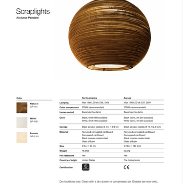 Arcturus pendant dimensions and specification drawing