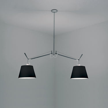 Artemide Tolomeo Double Black pendant light over modern kitchen island with adjustable suspension arms