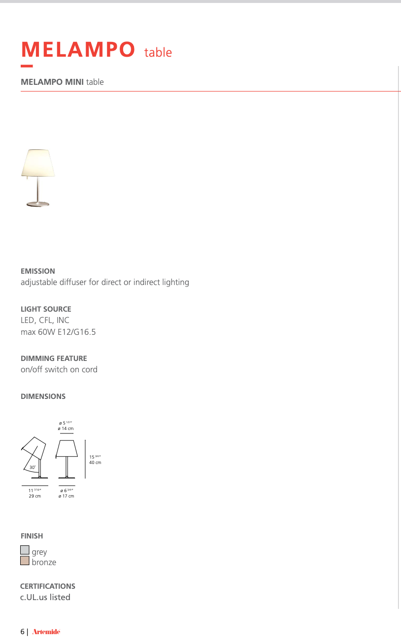 Mini Melampo Table Lamp - Spec Sheet