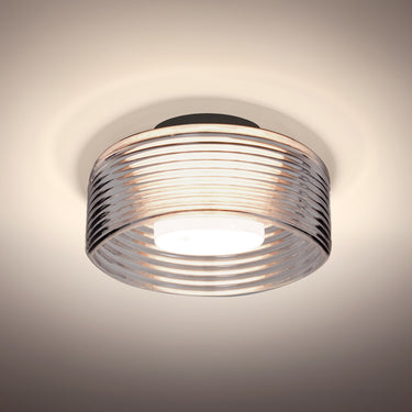 Belu ribbed drum semi-flush in Smoke glass, black finish, straight-on | Besa Lighting