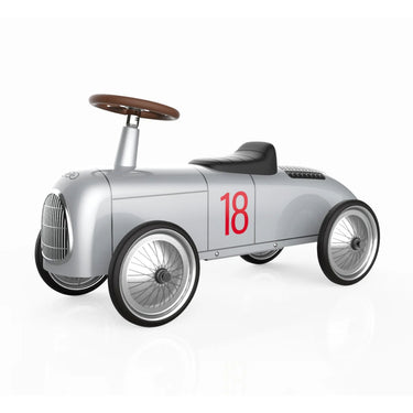 Audi-inspired metal ride-on car for toddlers by Baghera with long wheels and retro design