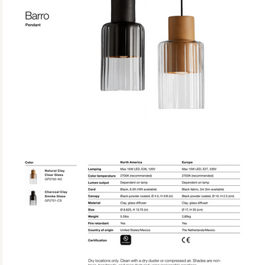 Barro pendant light dimensions and specification drawing