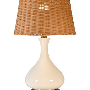 Rechargeable Bartlett ivory ceramic table lamp with warm LED lighting and rattan shade