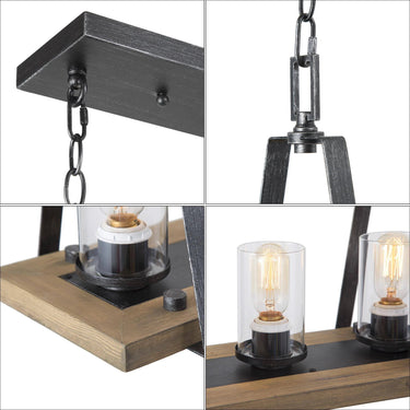 Rustic black and wood linear island light fixture with four clear glass shades for kitchen or dining room