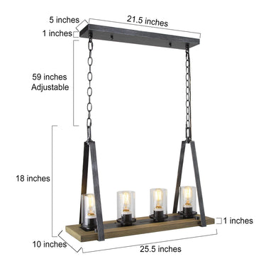 25.5-inch linear farmhouse island chandelier with glass shades and wooden accent frame.