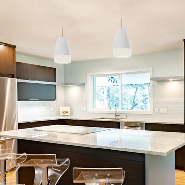 Modern satin white Abu 12 pendant light with transparent crystal-coated bottom glass