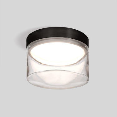 Compact LED ceiling light with clear glass shade and warm white illumination black finish