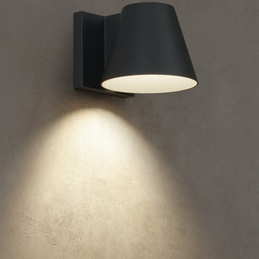 Bowman 4 exterior LED wall sconce in black finish, ideal for patios, walkways, and building entrances