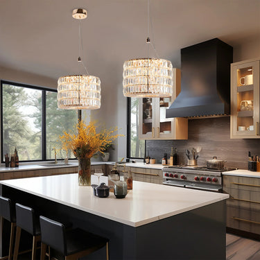 Brusmogan Gold LED Chandelier with Crystals: 6-Light Cylinder Pendant Lighting for Foyer