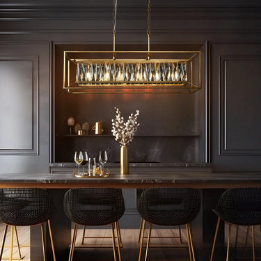 37 Inch Rectangular Brass Chandelier with Crystal Drops - Dining Room