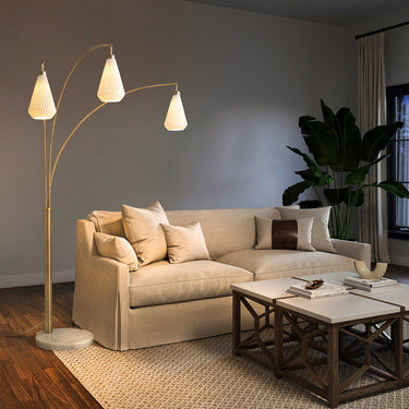 Nova of California Concord Bone Porcelain Shade 3 Light Arc Floor Lamp 85 Weathered Brass Walnut