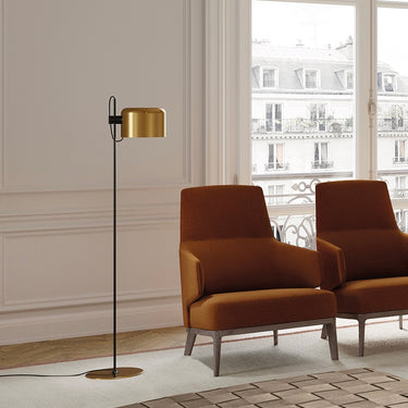 Adjustable gold Coupe 3321 floor lamp by Joe Colombo for living room, bedroom, or office