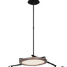 Shuffle Medium Chandelier by Clodagh in Weathered Oak and Nightshade Black, shown from below at an angle, with the three discs lit