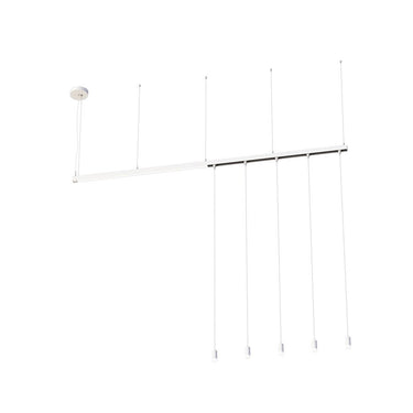 Linear LED pendant light with 5 hanging fixtures for high ceilings in commercial interiors