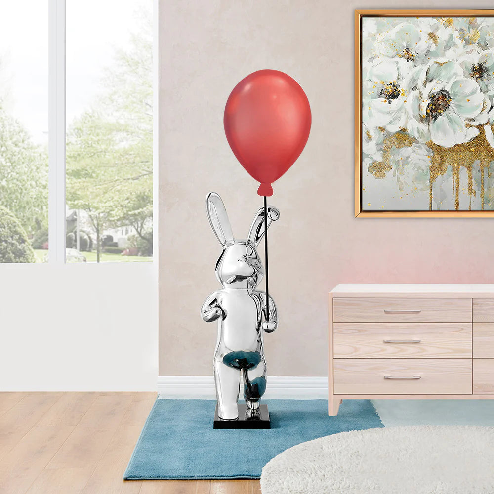 Chrome Bunny Red Balloon Sculpture Floor Decor | Finesse Decor