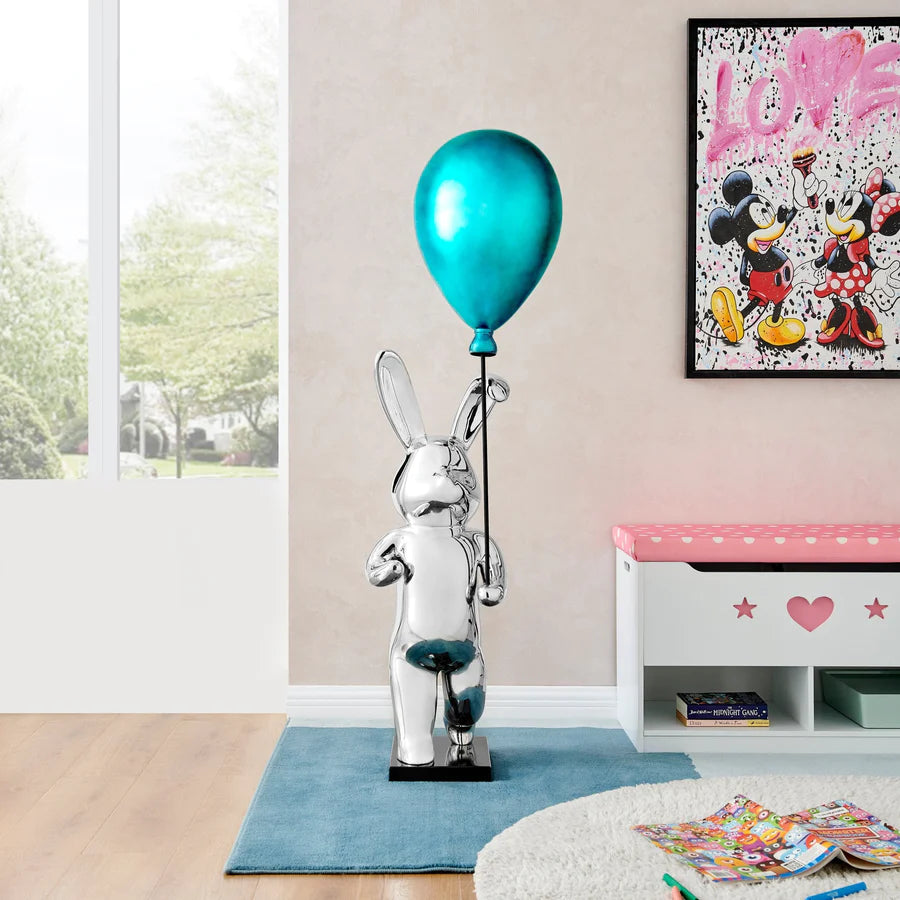Chrome Bunny Blue Balloon Sculpture Floor Decor | Contemporary Art