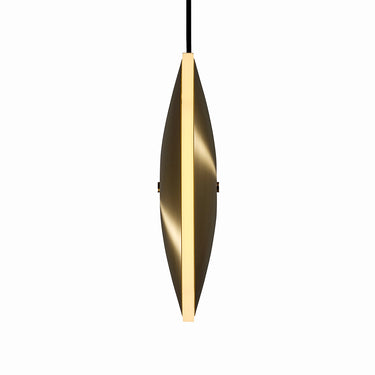 Detail sideview of spun brass finish on Graypants Chrona vertical disc pendant.