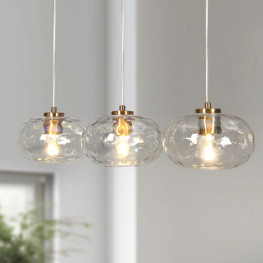 Polished Gold Linear Pendant with 3 Iridescent Globe Lights - Chrysaorican 
