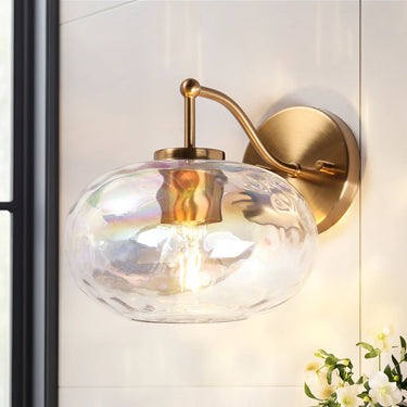 Brass & Iridescent Glass Orb Sconce - Living Room Decorative Glass