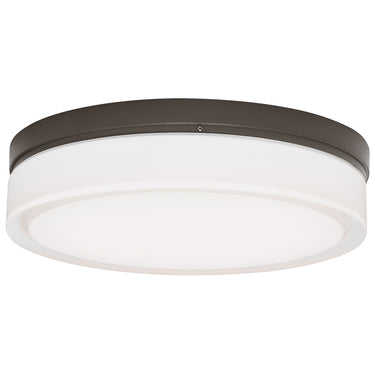 Visual Comfort Modern Cirque antique bronze round flush mount, 2700K LED, IP65 rated, close-up detail of glass shade
