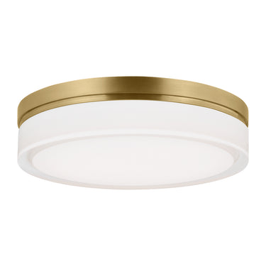 Natural Brass Cirque Large Round Flush Mount, 11 inch wet rated ceiling light, installed in modern entryway