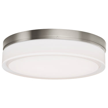 Satin Nickel Cirque Large Round Flush Mount, 11 inch wet rated ceiling light, installed in modern laundry room