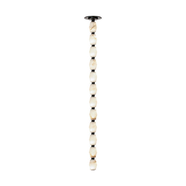 Collier 36 LED pendant light in bronze finish, highlighting the modern strand design and diffused alabaster light.