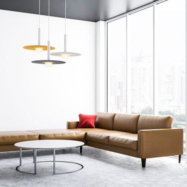 Combi multi-light pendant with acoustic panel and Frost White glass ball accessory