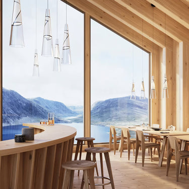 Modern ambient LED pendant light for kitchen island or dining space with soft warm illumination