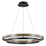 Matte black and weathered oak LED chandelier with dual ring design for modern living or dining rooms