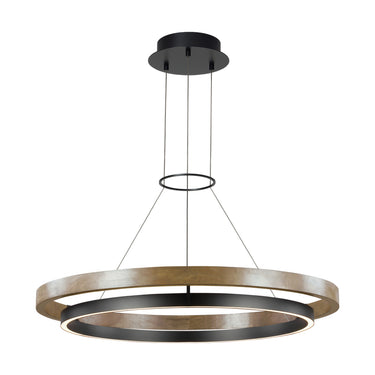 Two-ring chandelier in matte black and oak wood finish for contemporary high-ceiling spaces