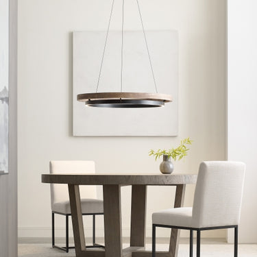 36-inch LED chandelier in weathered oak and matte black for residential and commercial interiors