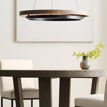 Dual ring matte black chandelier with oak wood detail for dining rooms, foyers, or offices