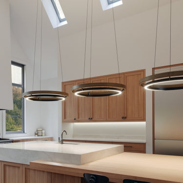 Grace chandelier in matte black and oak wood finish with integrated LED lighting