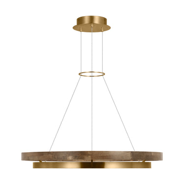 Natural brass and weathered oak chandelier with dual LED rings for transitional and modern interiors
