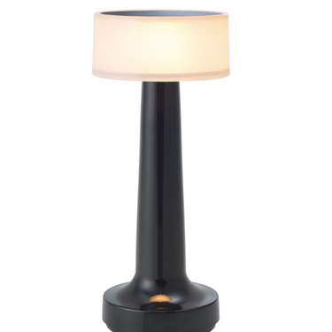 Hotel room cordless lighting Neoz Cooee 2 black finish on nightstand.