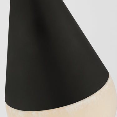 Modern minimalist Cupola pendant in black finish, installed over kitchen island, dimmable LED lighting.