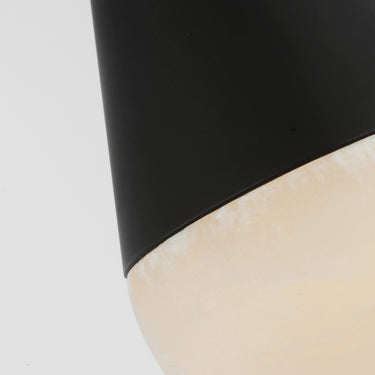 Alabaster dome pendant light, black metal shade, detail of quick-connect installation system.