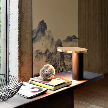 Oluce Cylinda table lamp with satin gold disc shade and anthracite base