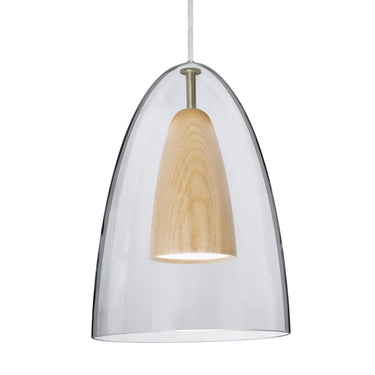 Modern ceiling light featuring clear glass exterior and natural wood interior shade.