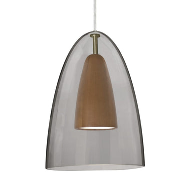 Smoke glass pendant light with medium wood inner shade and modern design.
