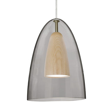 Modern pendant light featuring smoke outer glass and natural wood interior shade.
