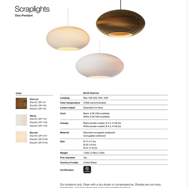 Disc Scraplights pendant specification sheet with sizes and finishes, view one