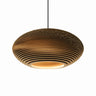 Large white disc shaped pendant light for office reception area.
